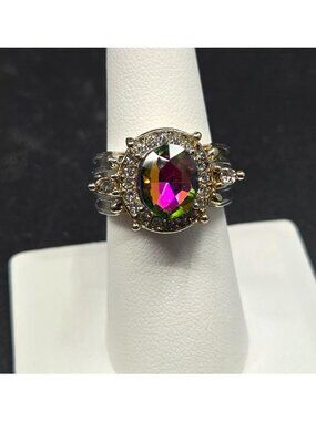Rainbow Mystic Topaz Oval Ring With Clear CZ Accents In Two-Tone Sterling Silver